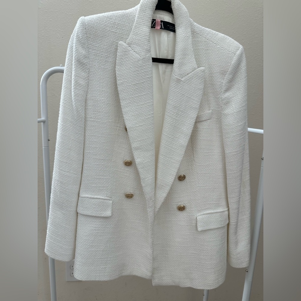 Zara White Double-Breasted Gold Details Blazer